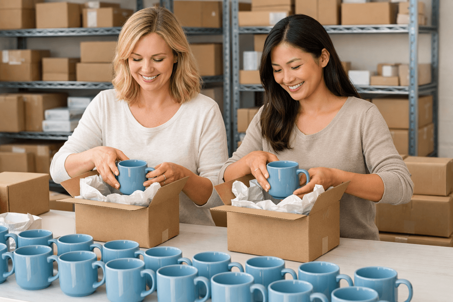 Small business owners packaging products